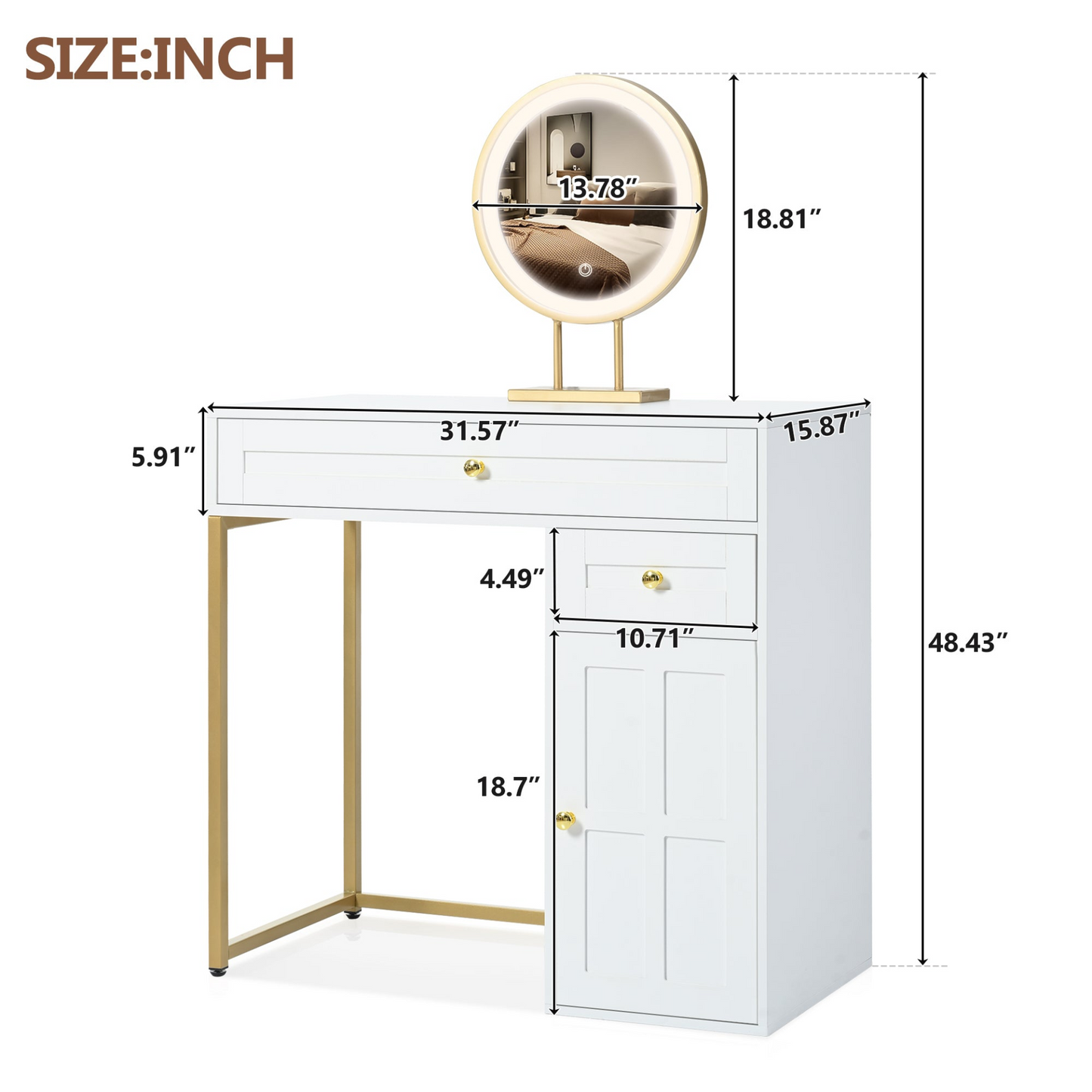 31.5'' Makeup Vanity Desk with Lighted Mirror, Luxury Dressing Table with 2 Drawers and 1 Cabinet, 3 Lighting Modes Available for Bedroom, White-Gold