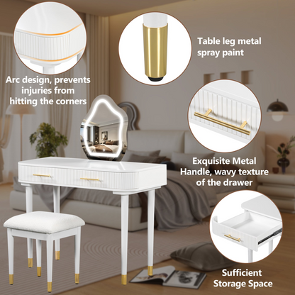 40" Modern Vanity Table Set with Mirror Touch Screen Lighted Mirror, Dressing Table and Cushioned Stool Set with 2 Large Drawers, White