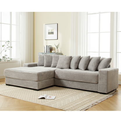 Oversized Two-Piece  Couches,  L Shaped Sofa, Corduroy, Left Chaise Daybed,with Armrests,Eight Throw Pillows,Corner Sofa,Easy To Assemble,  Gray