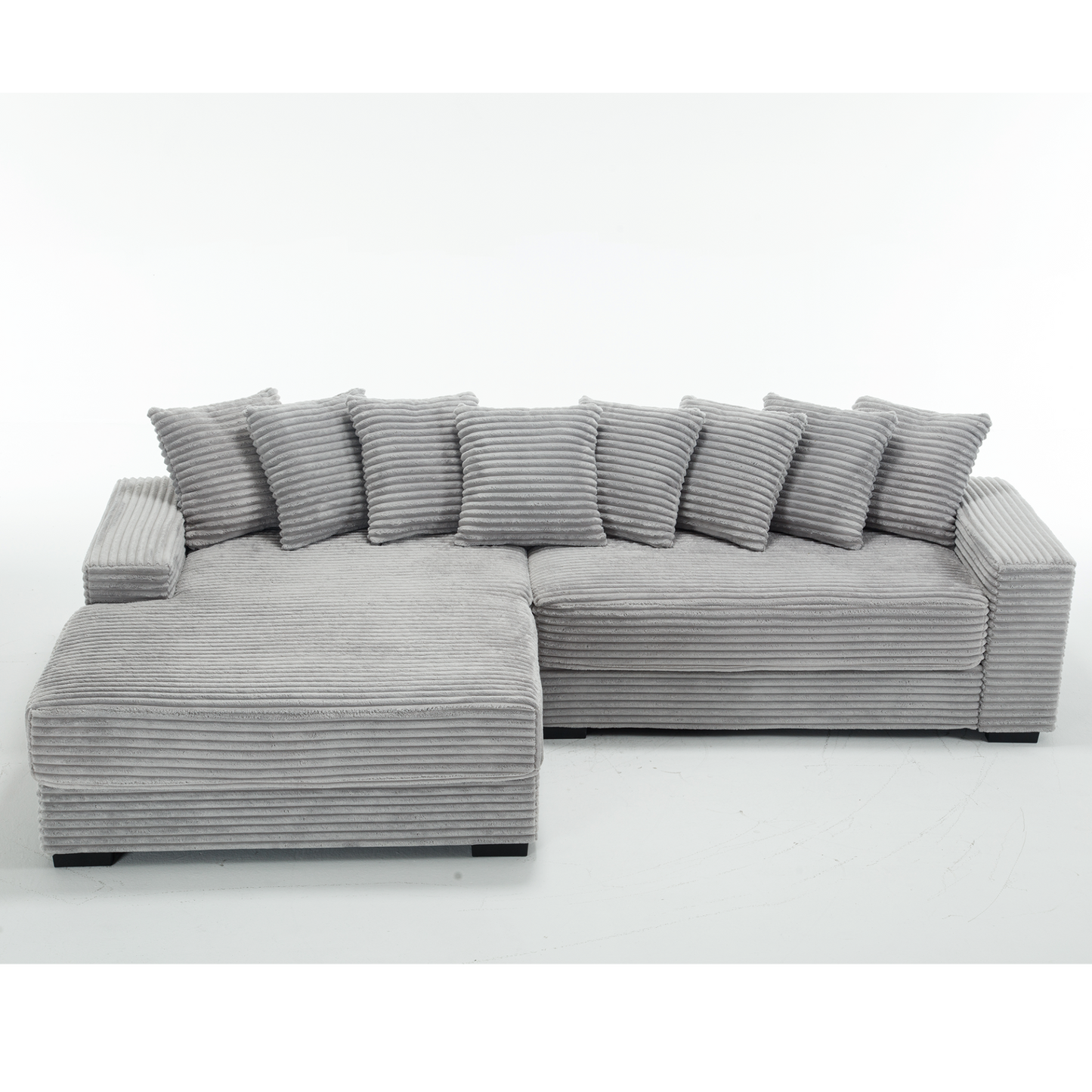 Oversized Two-Piece  Couches,  L Shaped Sofa, Corduroy, Left Chaise Daybed,with Armrests,Eight Throw Pillows,Corner Sofa,Easy To Assemble,  Gray
