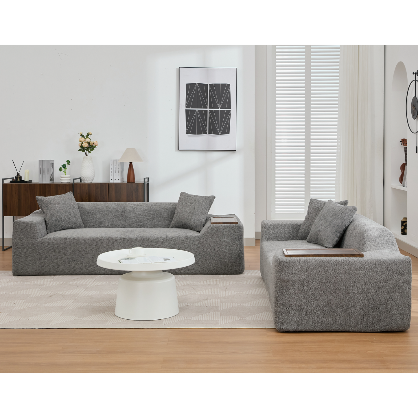 2 Piece Boucle Cloud Sofa Set, Upholstered Sofa Set, Modern 3 Seater and 2 Seater Sofa with MDF End Table for Living Room ,Apartment,3+2 couch,Boucle,Dark Gray
