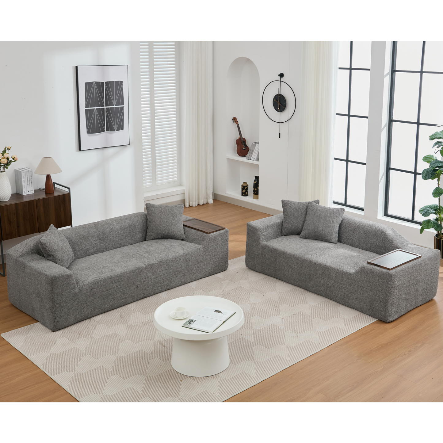 2 Piece Boucle Cloud Sofa Set, Upholstered Sofa Set, Modern 3 Seater and 2 Seater Sofa with MDF End Table for Living Room ,Apartment,3+2 couch,Boucle,Dark Gray