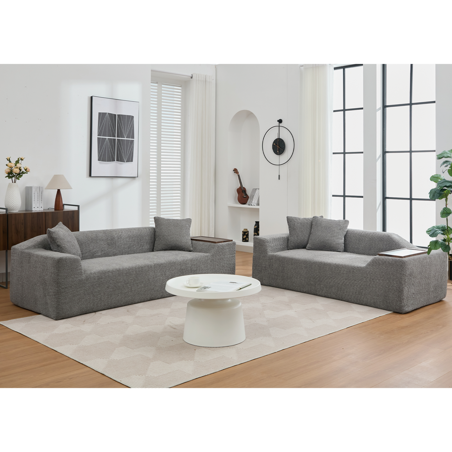 2 Piece Boucle Cloud Sofa Set, Upholstered Sofa Set, Modern 3 Seater and 2 Seater Sofa with MDF End Table for Living Room ,Apartment,3+2 couch,Boucle,Dark Gray