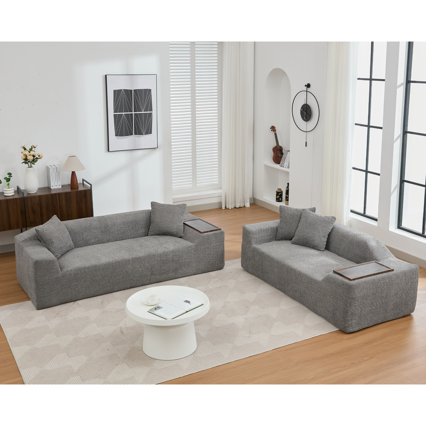 2 Piece Boucle Cloud Sofa Set, Upholstered Sofa Set, Modern 3 Seater and 2 Seater Sofa with MDF End Table for Living Room ,Apartment,3+2 couch,Boucle,Dark Gray