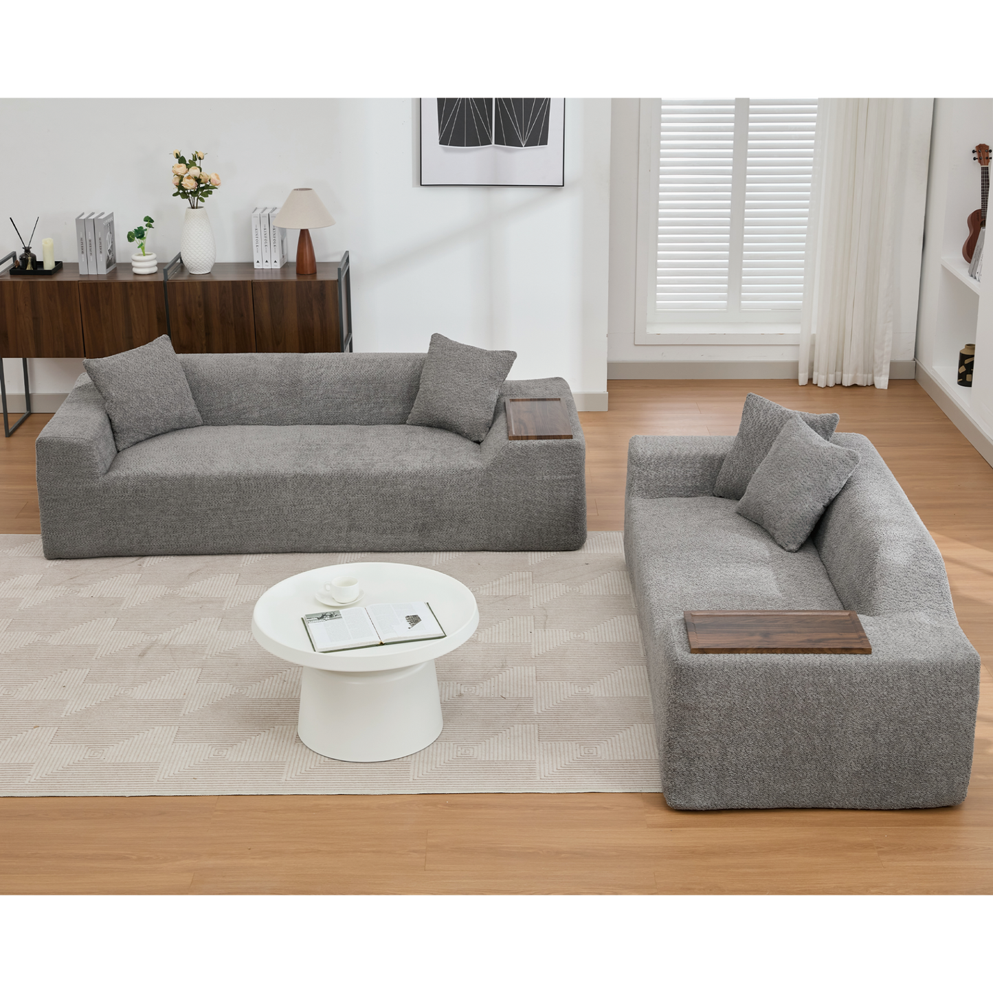 2 Piece Boucle Cloud Sofa Set, Upholstered Sofa Set, Modern 3 Seater and 2 Seater Sofa with MDF End Table for Living Room ,Apartment,3+2 couch,Boucle,Dark Gray