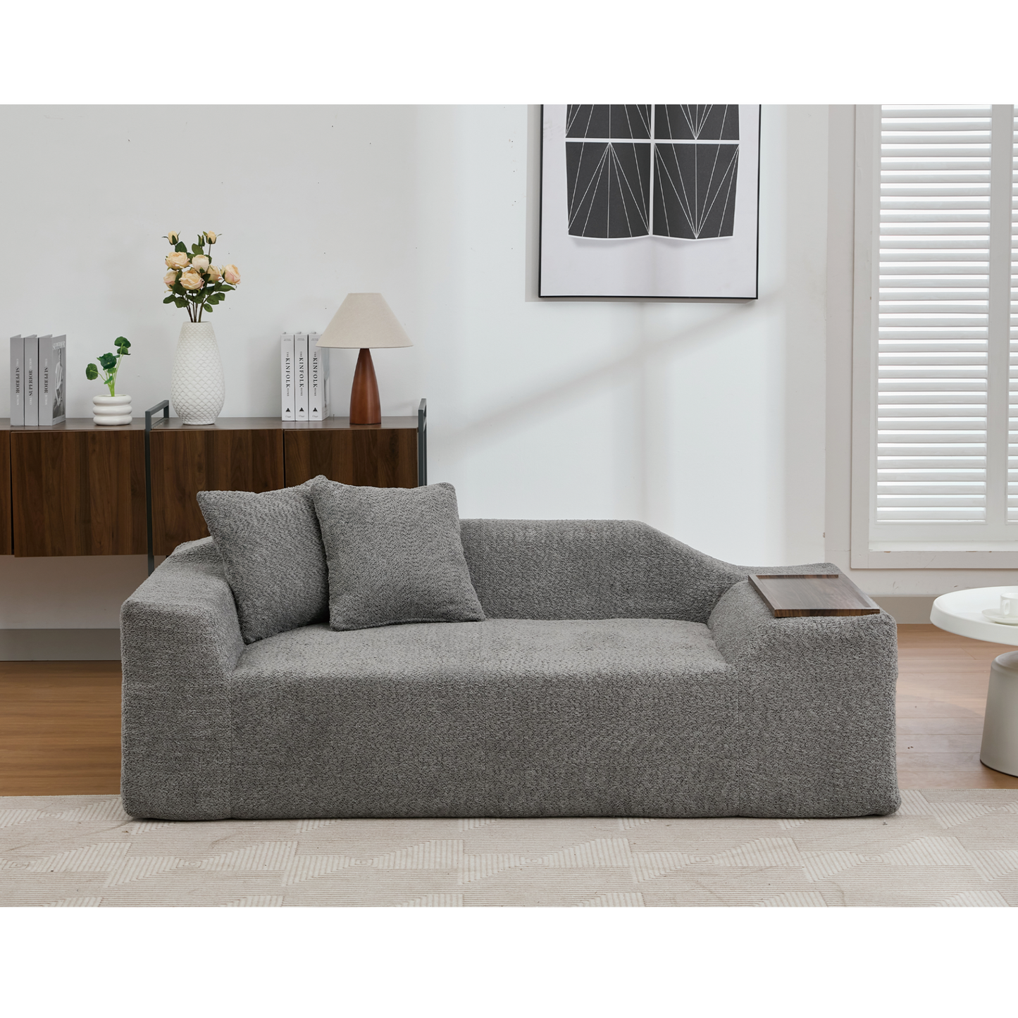 2 Piece Boucle Cloud Sofa Set, Upholstered Sofa Set, Modern 3 Seater and 2 Seater Sofa with MDF End Table for Living Room ,Apartment,3+2 couch,Boucle,Dark Gray