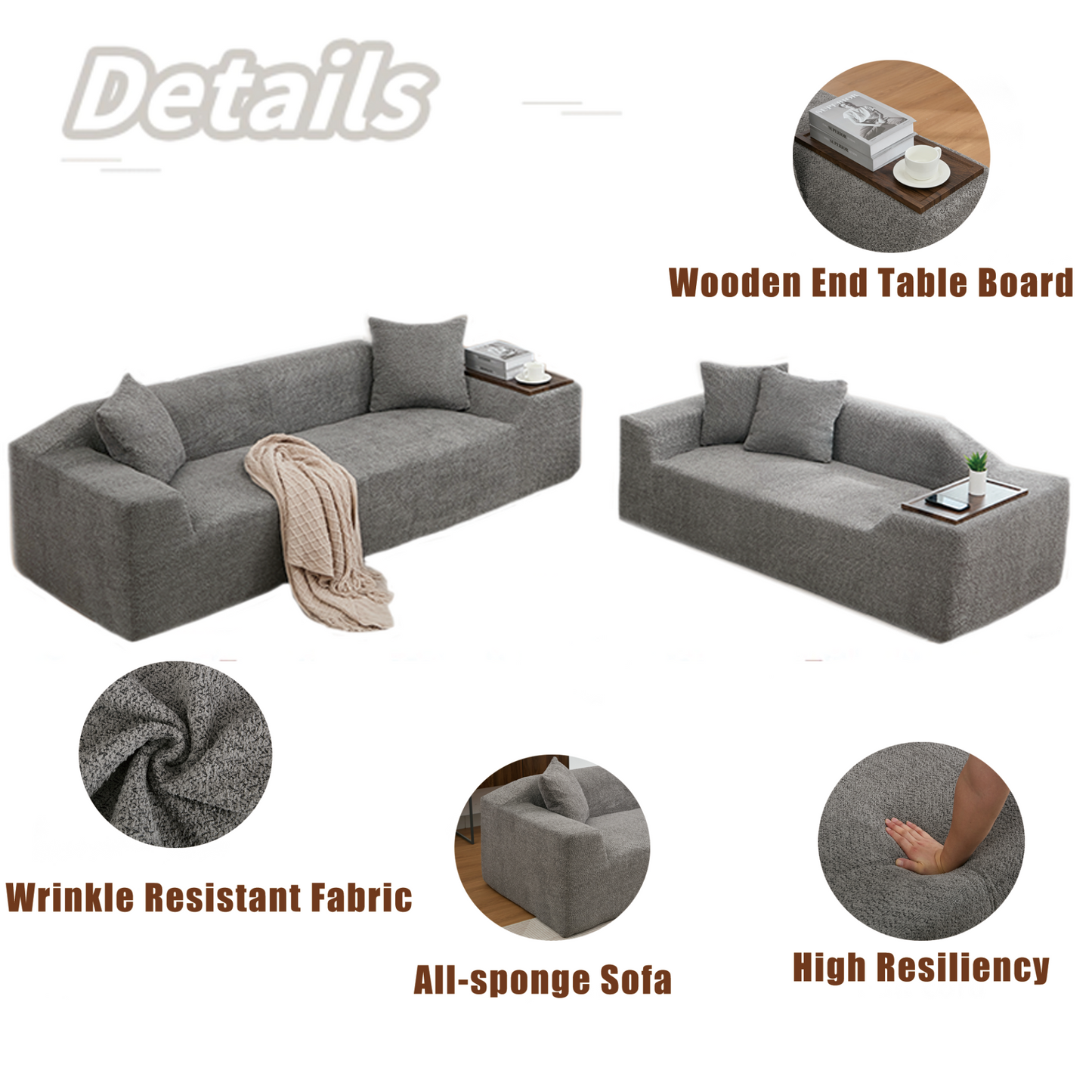 2 Piece Boucle Cloud Sofa Set, Upholstered Sofa Set, Modern 3 Seater and 2 Seater Sofa with MDF End Table for Living Room ,Apartment,3+2 couch,Boucle,Dark Gray