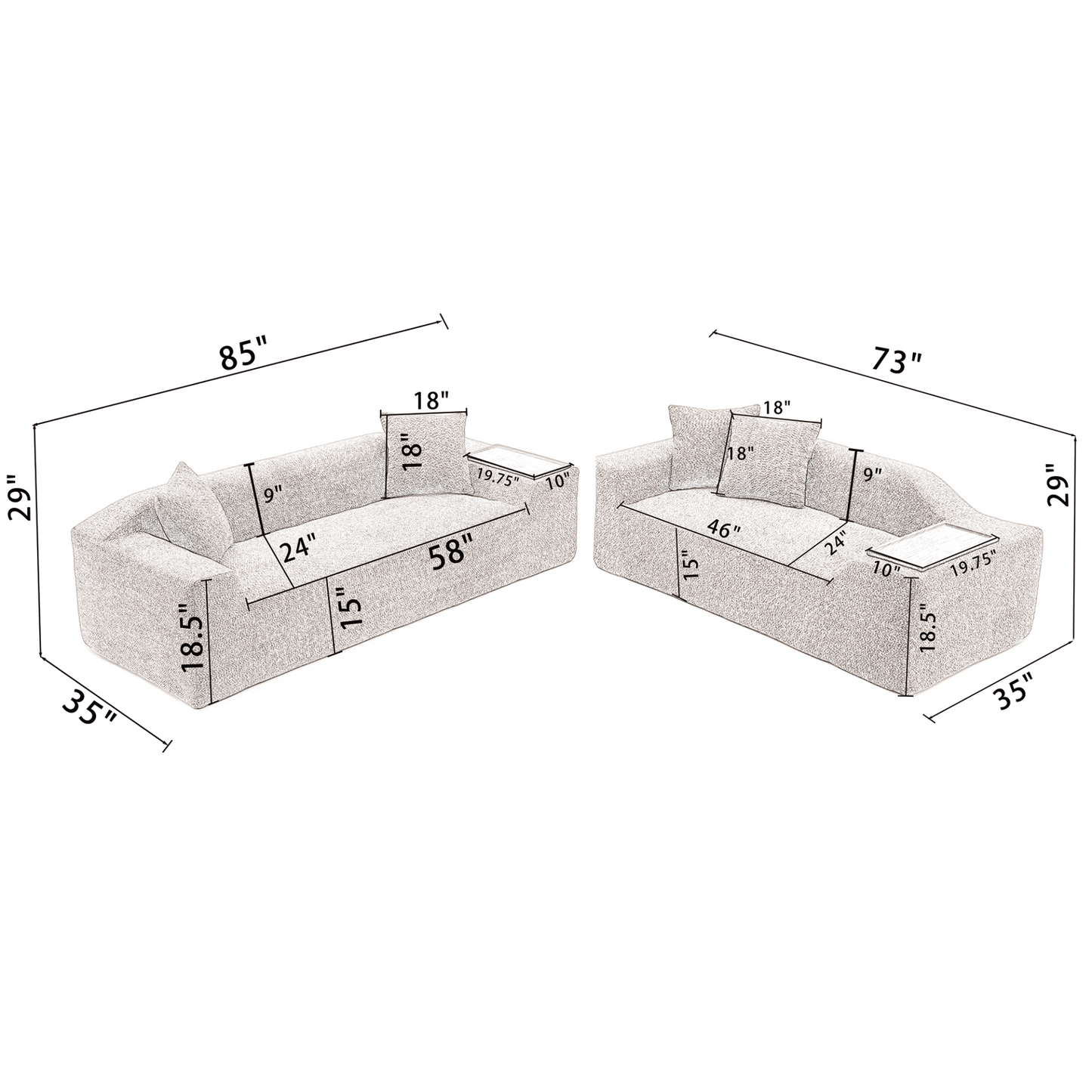 2 Piece Boucle Cloud Sofa Set, Upholstered Sofa Set, Modern 3 Seater and 2 Seater Sofa with MDF End Table for Living Room ,Apartment,3+2 couch,Boucle,Dark Gray