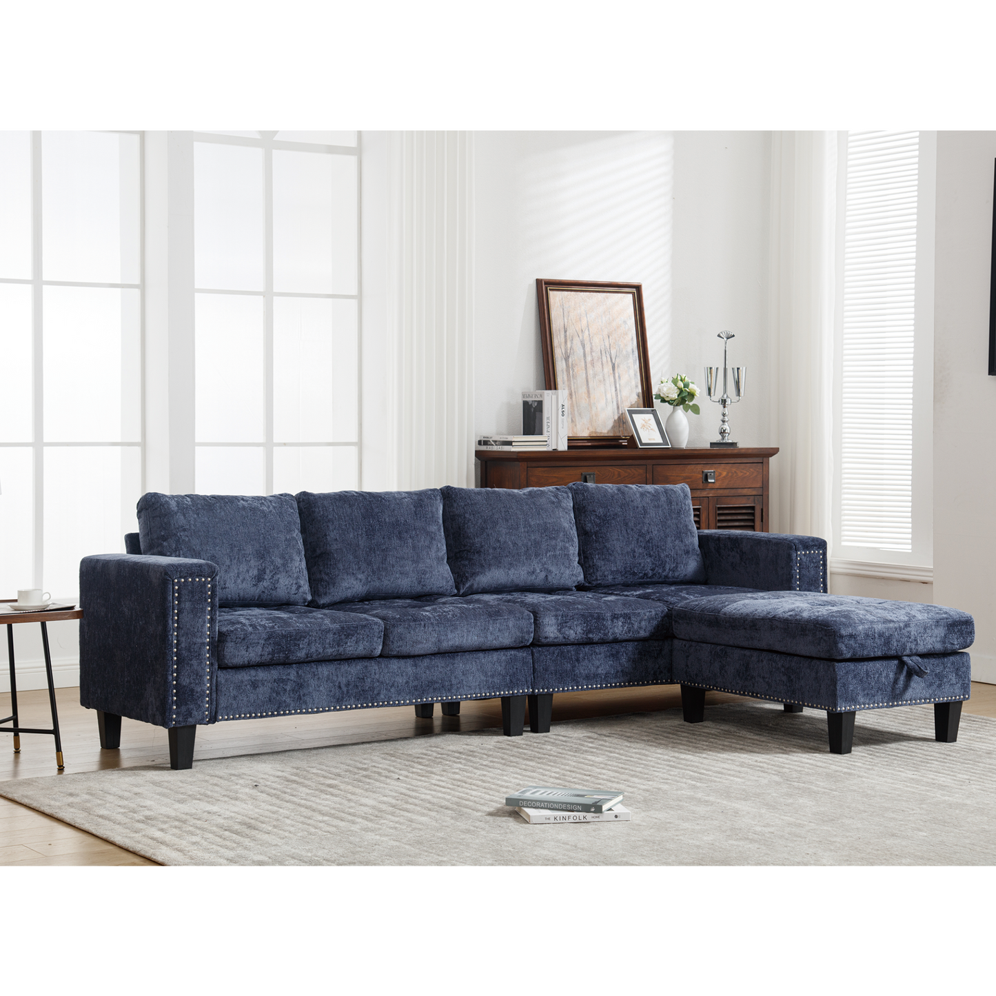 5 Seat Modular Sofa,with Storage Ottoman, Convertible Sectional Sofa, L Shaped Couch ,  Reversible Chaise ,Riveted sofa,Chenille, Blue