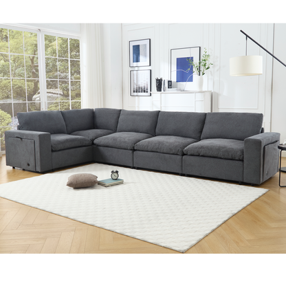 Sectional Couches For Living Room,Modular Couch,Wireless Charging Port & Cup Holders,5-seat ,DIY Combination,L-shaped Sofa,Book Storage Space,Soft Linen Fabric,Gray