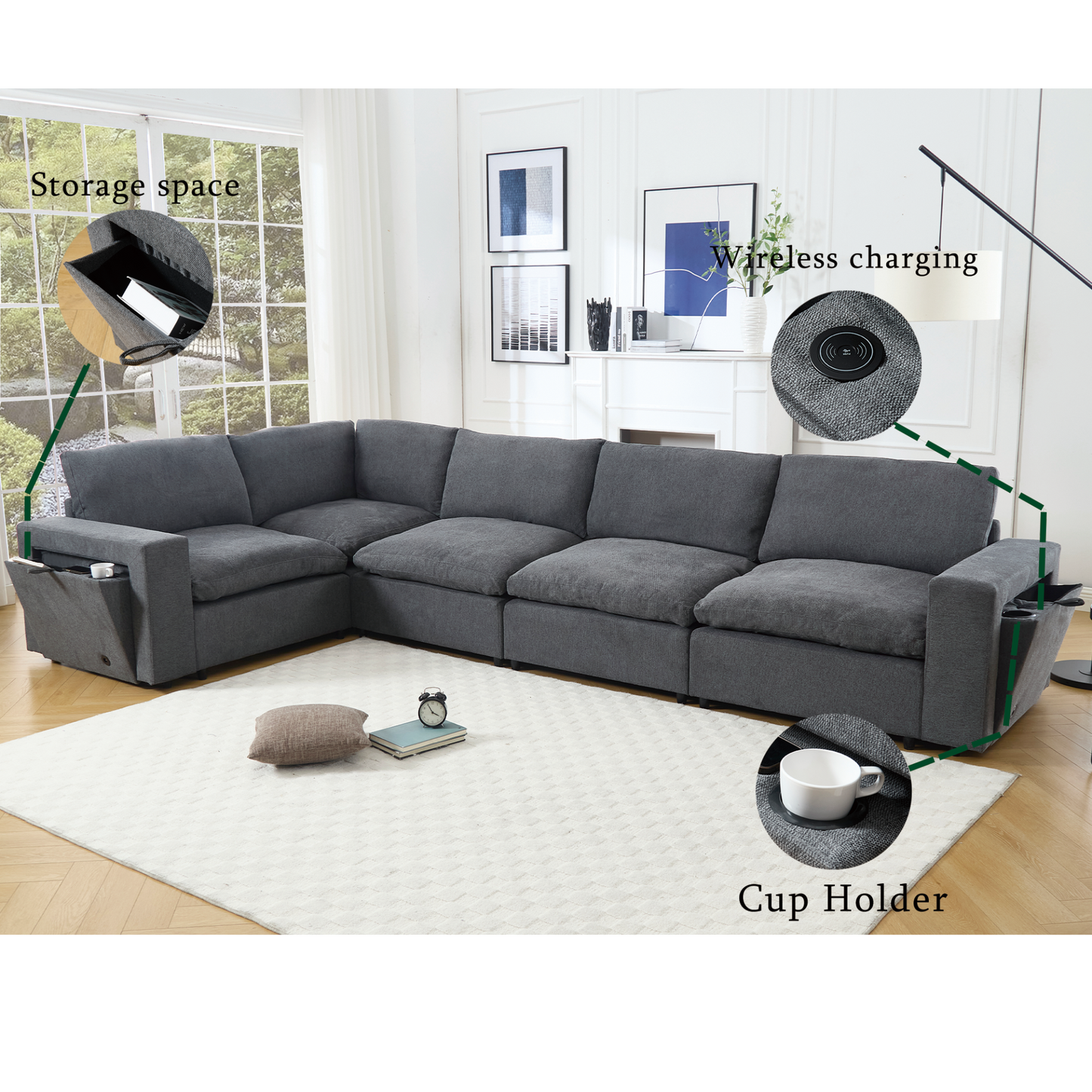 Sectional Couches For Living Room,Modular Couch,Wireless Charging Port & Cup Holders,5-seat ,DIY Combination,L-shaped Sofa,Book Storage Space,Soft Linen Fabric,Gray