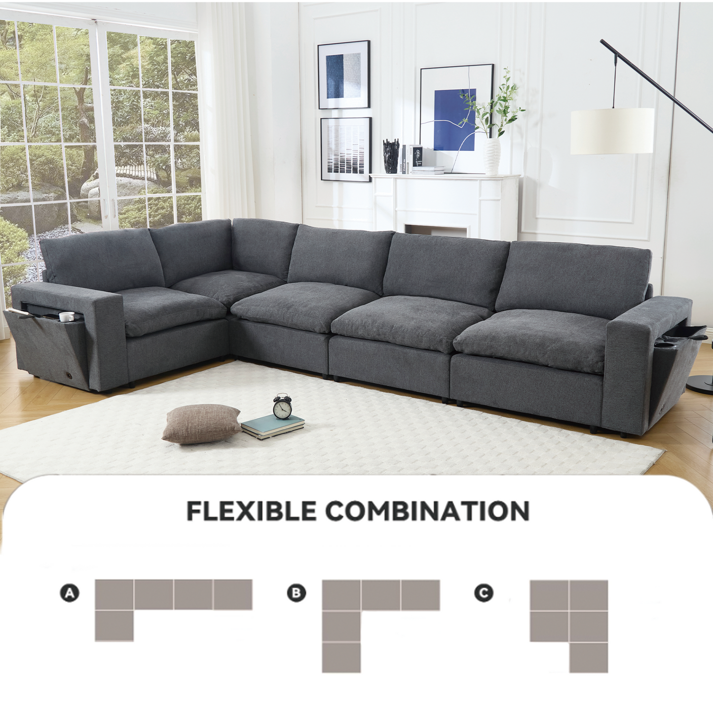 Sectional Couches For Living Room,Modular Couch,Wireless Charging Port & Cup Holders,5-seat ,DIY Combination,L-shaped Sofa,Book Storage Space,Soft Linen Fabric,Gray
