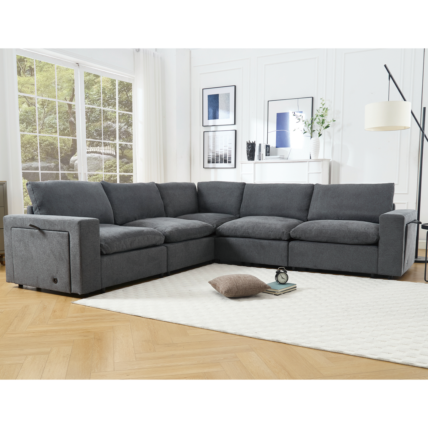 Sectional Couches For Living Room,Modular Couch,Wireless Charging Port & Cup Holders,5-seat ,DIY Combination,L-shaped Sofa,Book Storage Space,Soft Linen Fabric,Gray