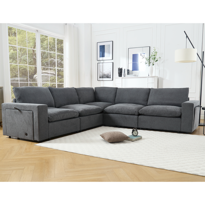 Sectional Couches For Living Room,Modular Couch,Wireless Charging Port & Cup Holders,5-seat ,DIY Combination,L-shaped Sofa,Book Storage Space,Soft Linen Fabric,Gray