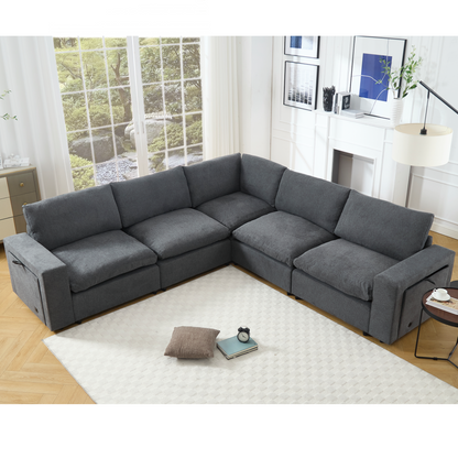 Sectional Couches For Living Room,Modular Couch,Wireless Charging Port & Cup Holders,5-seat ,DIY Combination,L-shaped Sofa,Book Storage Space,Soft Linen Fabric,Gray