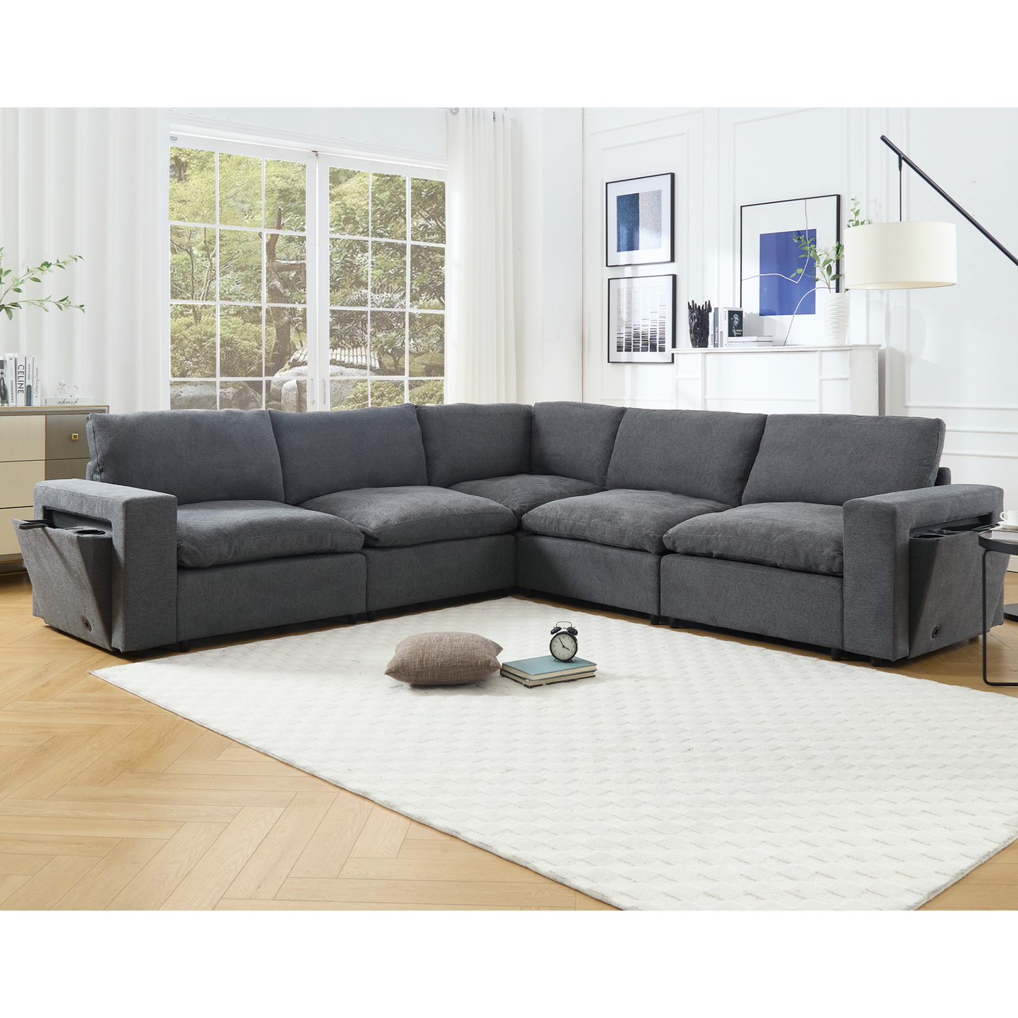 Sectional Couches For Living Room,Modular Couch,Wireless Charging Port & Cup Holders,5-seat ,DIY Combination,L-shaped Sofa,Book Storage Space,Soft Linen Fabric,Gray