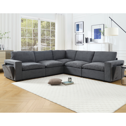 Sectional Couches For Living Room,Modular Couch,Wireless Charging Port & Cup Holders,5-seat ,DIY Combination,L-shaped Sofa,Book Storage Space,Soft Linen Fabric,Gray