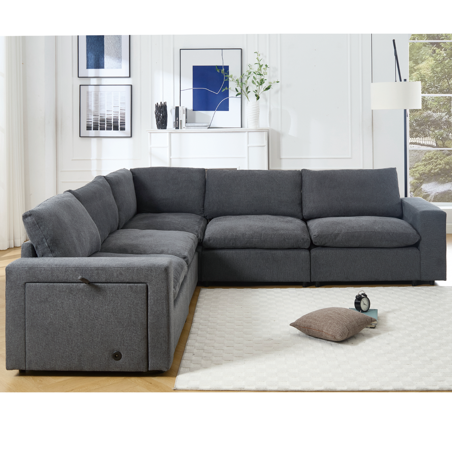 Sectional Couches For Living Room,Modular Couch,Wireless Charging Port & Cup Holders,5-seat ,DIY Combination,L-shaped Sofa,Book Storage Space,Soft Linen Fabric,Gray