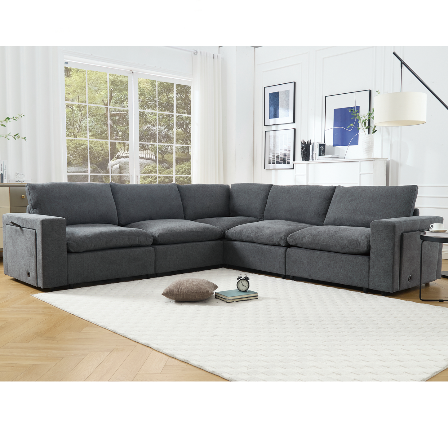 Sectional Couches For Living Room,Modular Couch,Wireless Charging Port & Cup Holders,5-seat ,DIY Combination,L-shaped Sofa,Book Storage Space,Soft Linen Fabric,Gray