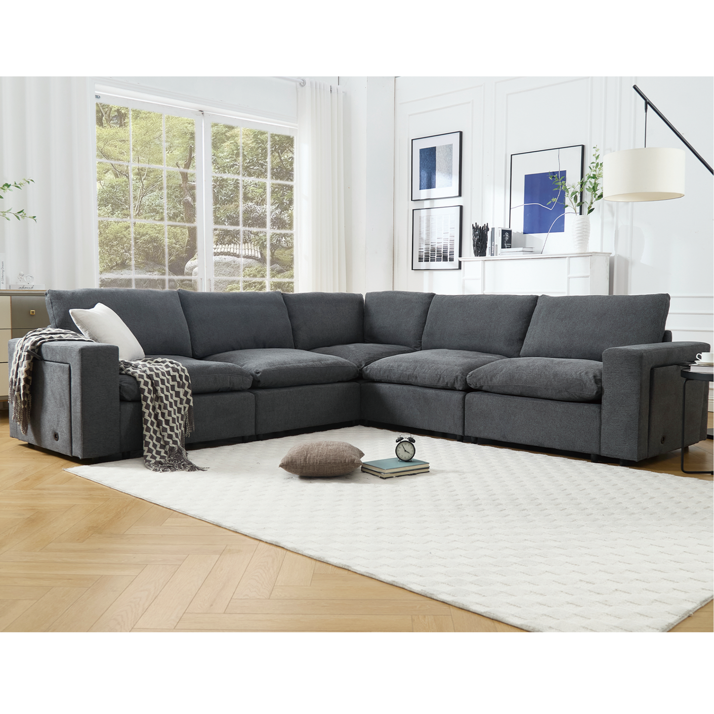 Sectional Couches For Living Room,Modular Couch,Wireless Charging Port & Cup Holders,5-seat ,DIY Combination,L-shaped Sofa,Book Storage Space,Soft Linen Fabric,Gray