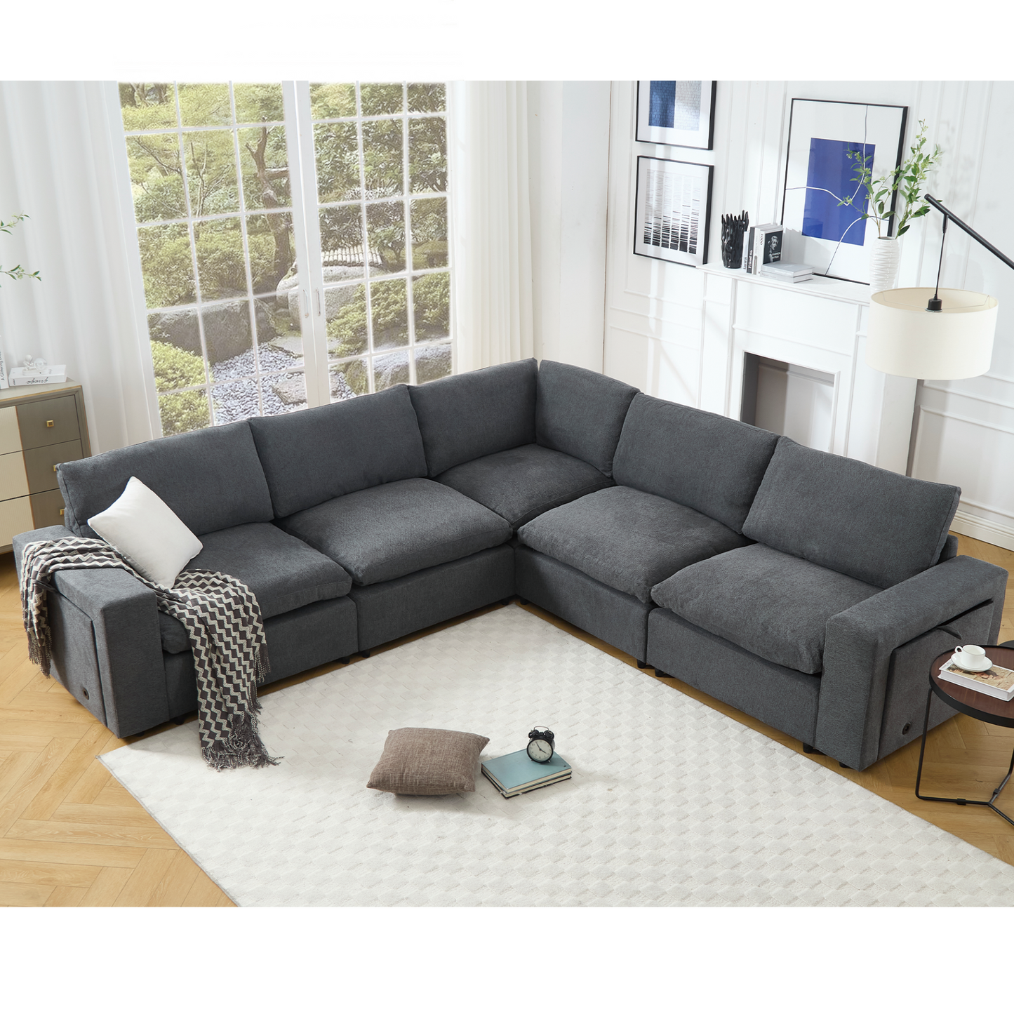 Sectional Couches For Living Room,Modular Couch,Wireless Charging Port & Cup Holders,5-seat ,DIY Combination,L-shaped Sofa,Book Storage Space,Soft Linen Fabric,Gray