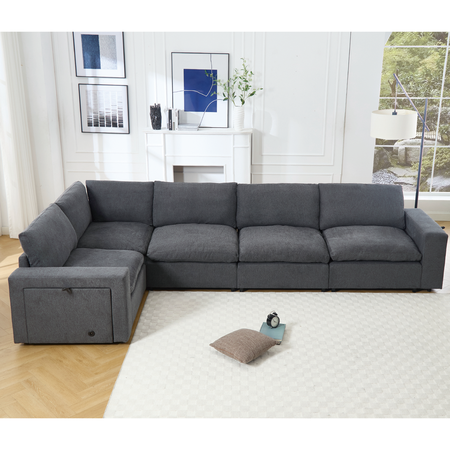 Sectional Couches For Living Room,Modular Couch,Wireless Charging Port & Cup Holders,5-seat ,DIY Combination,L-shaped Sofa,Book Storage Space,Soft Linen Fabric,Gray