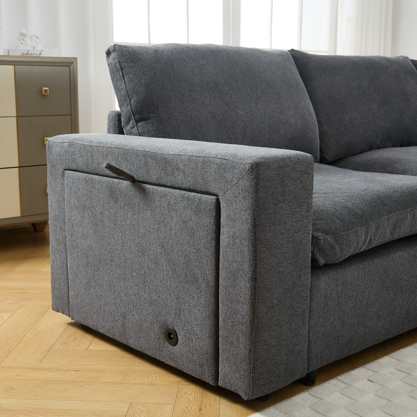 Sectional Couches For Living Room,Modular Couch,Wireless Charging Port & Cup Holders,5-seat ,DIY Combination,L-shaped Sofa,Book Storage Space,Soft Linen Fabric,Gray