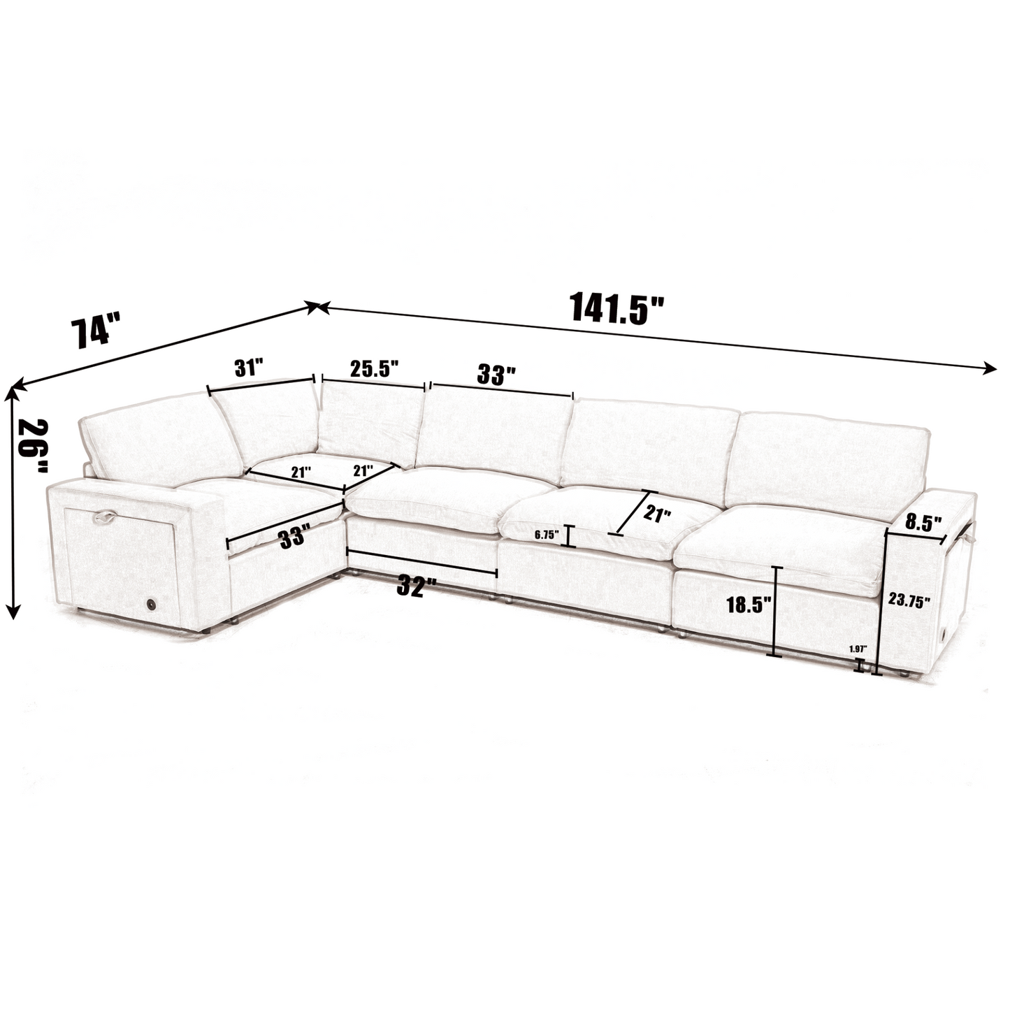Sectional Couches For Living Room,Modular Couch,Wireless Charging Port & Cup Holders,5-seat ,DIY Combination,L-shaped Sofa,Book Storage Space,Soft Linen Fabric,Gray