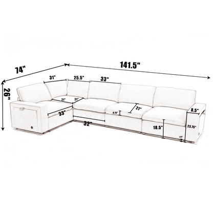 Sectional Couches For Living Room,Modular Couch,Wireless Charging Port & Cup Holders,5-seat ,DIY Combination,L-shaped Sofa,Book Storage Space,Soft Linen Fabric,Gray