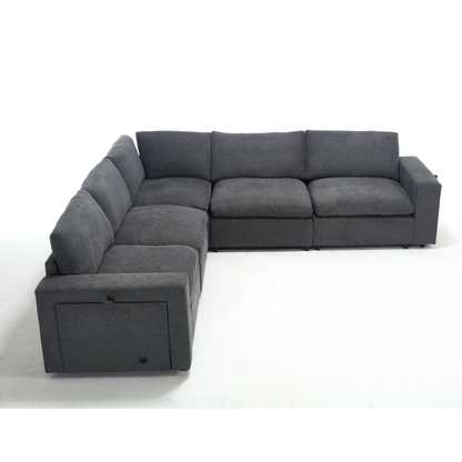 Sectional Couches For Living Room,Modular Couch,Wireless Charging Port & Cup Holders,5-seat ,DIY Combination,L-shaped Sofa,Book Storage Space,Soft Linen Fabric,Gray