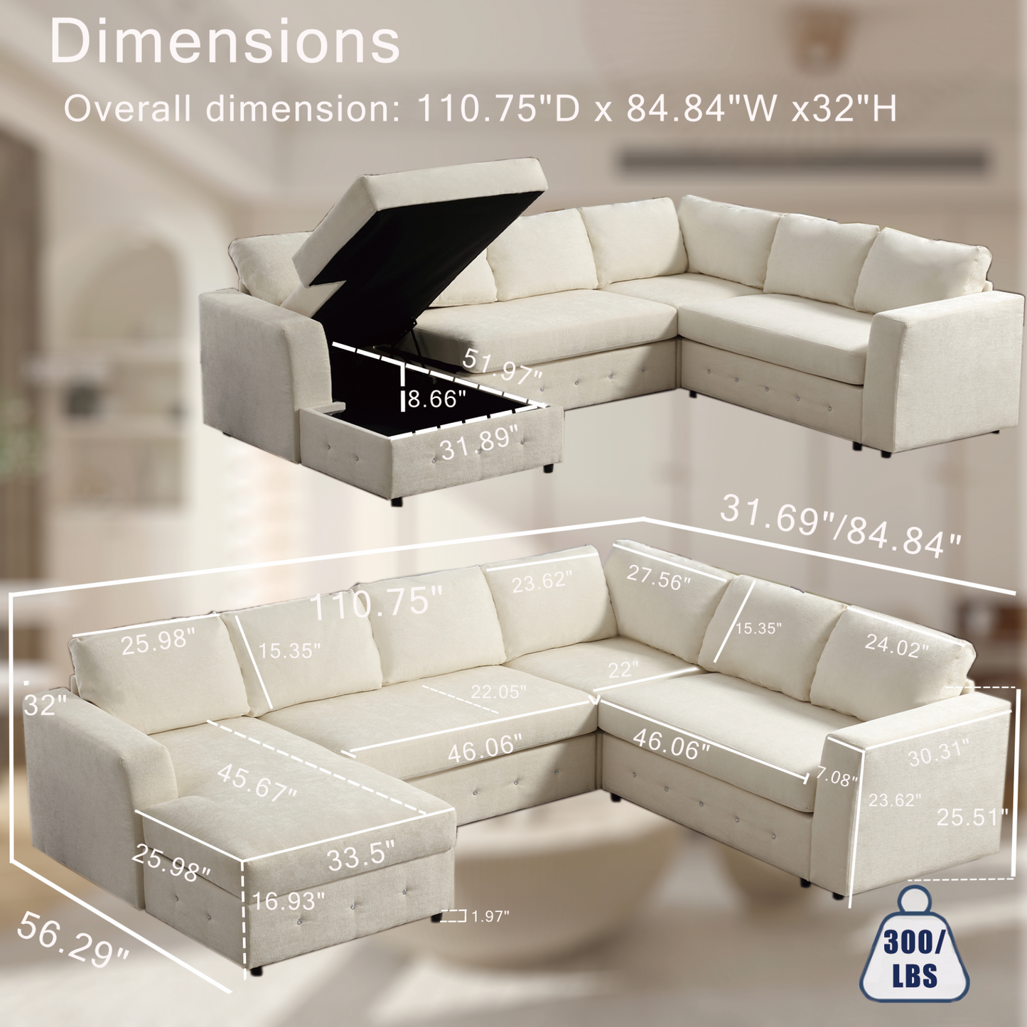 110.75" Sectional Sofa,Oversized modular sofa,Chaise Storage, Modern U Shaped  Couch , Upholstered Sofas,Chenille,Crystal button , Living Room, Apartment,  Beige