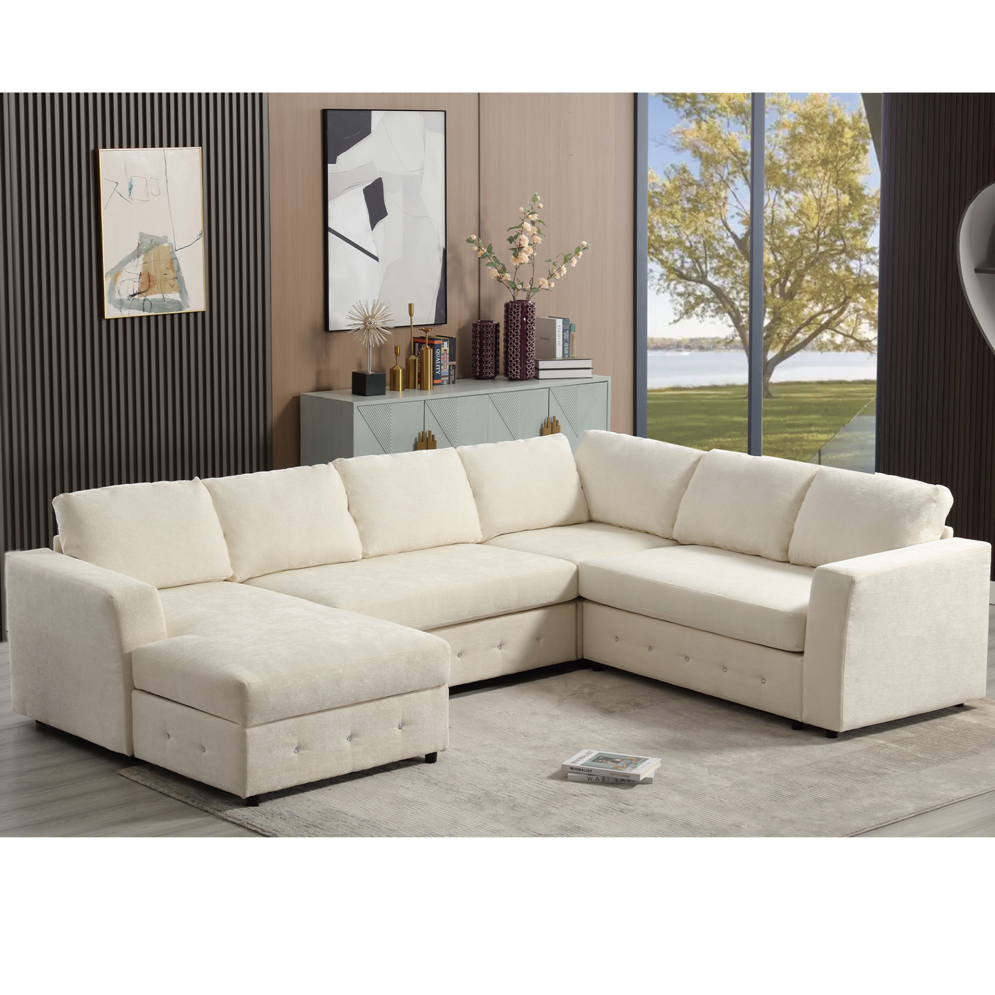 110.75" Sectional Sofa,Oversized modular sofa,Chaise Storage, Modern U Shaped  Couch , Upholstered Sofas,Chenille,Crystal button , Living Room, Apartment,  Beige