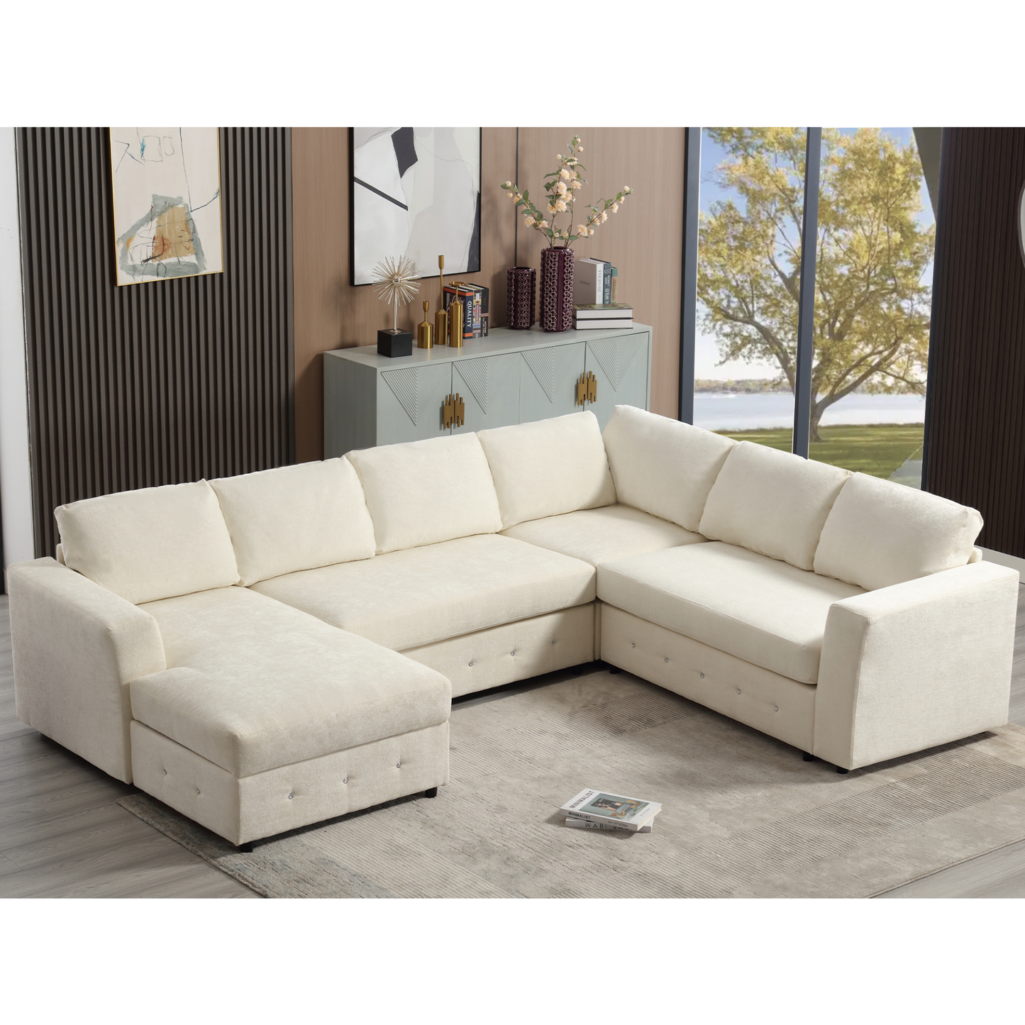 110.75" Sectional Sofa,Oversized modular sofa,Chaise Storage, Modern U Shaped  Couch , Upholstered Sofas,Chenille,Crystal button , Living Room, Apartment,  Beige