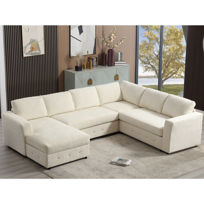 110.75" Sectional Sofa,Oversized modular sofa,Chaise Storage, Modern U Shaped  Couch , Upholstered Sofas,Chenille,Crystal button , Living Room, Apartment,  Beige