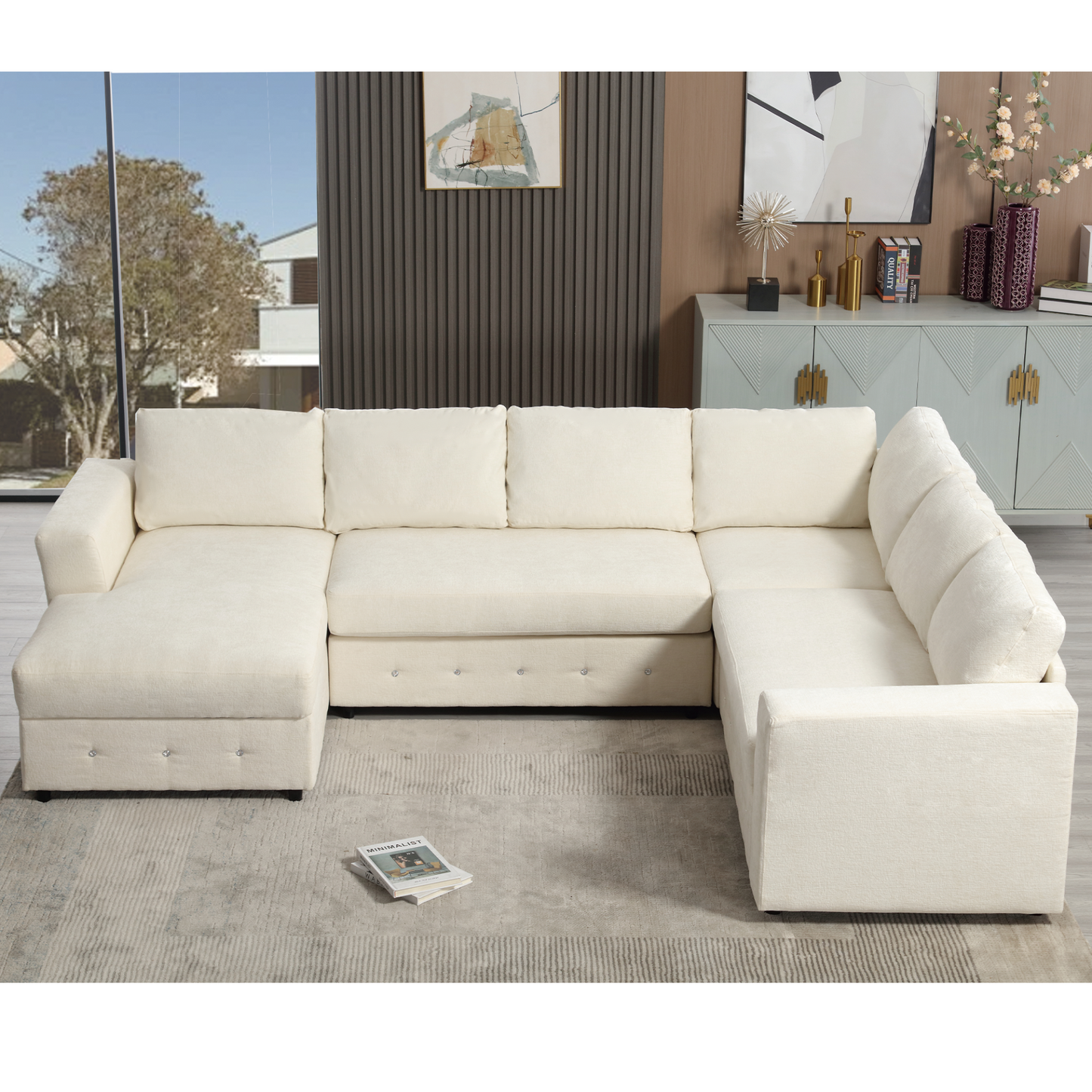 110.75" Sectional Sofa,Oversized modular sofa,Chaise Storage, Modern U Shaped  Couch , Upholstered Sofas,Chenille,Crystal button , Living Room, Apartment,  Beige