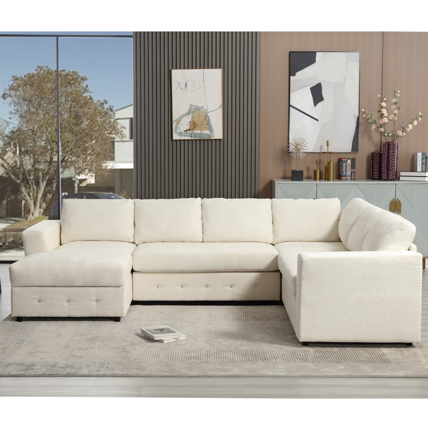 110.75" Sectional Sofa,Oversized modular sofa,Chaise Storage, Modern U Shaped  Couch , Upholstered Sofas,Chenille,Crystal button , Living Room, Apartment,  Beige