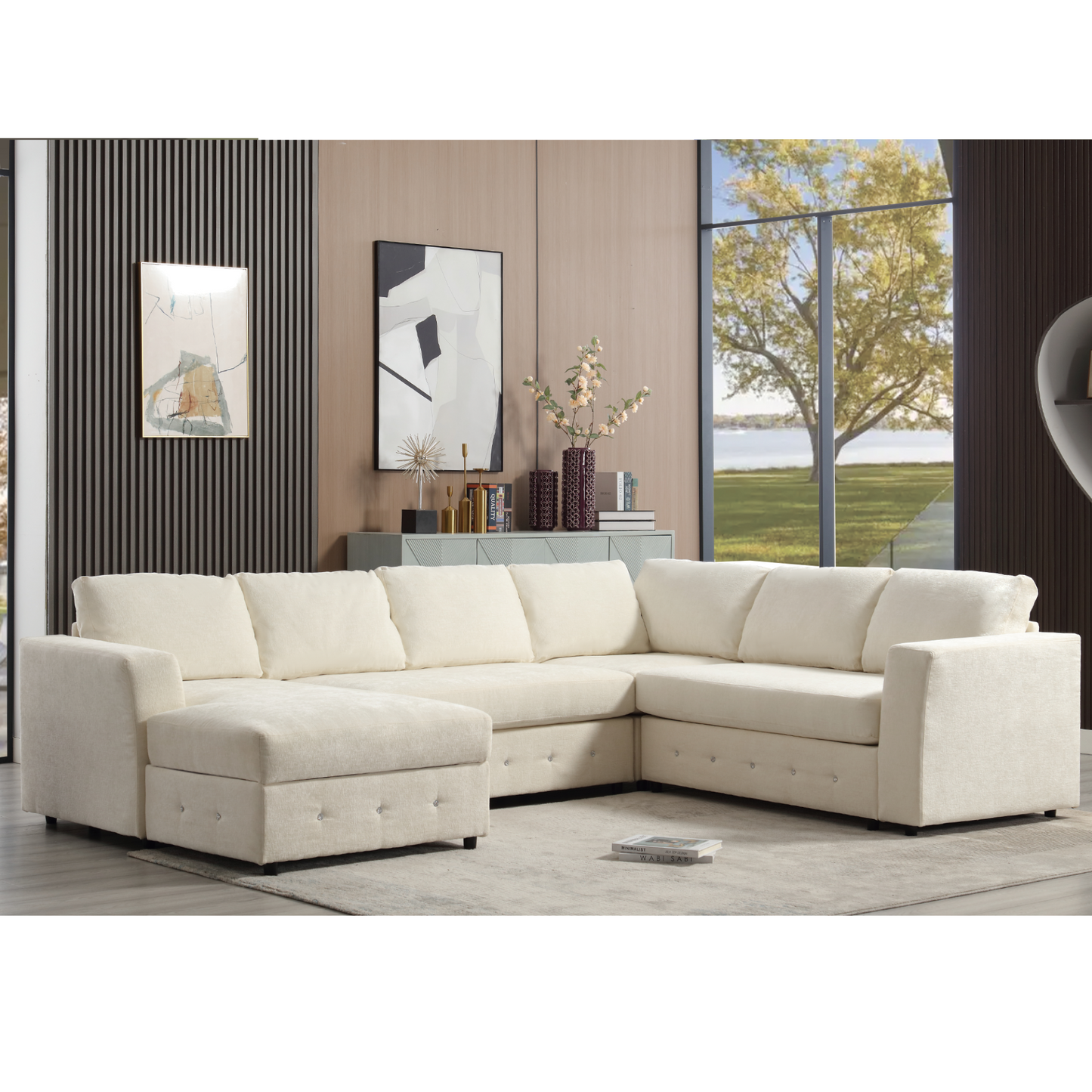 110.75" Sectional Sofa,Oversized modular sofa,Chaise Storage, Modern U Shaped  Couch , Upholstered Sofas,Chenille,Crystal button , Living Room, Apartment,  Beige