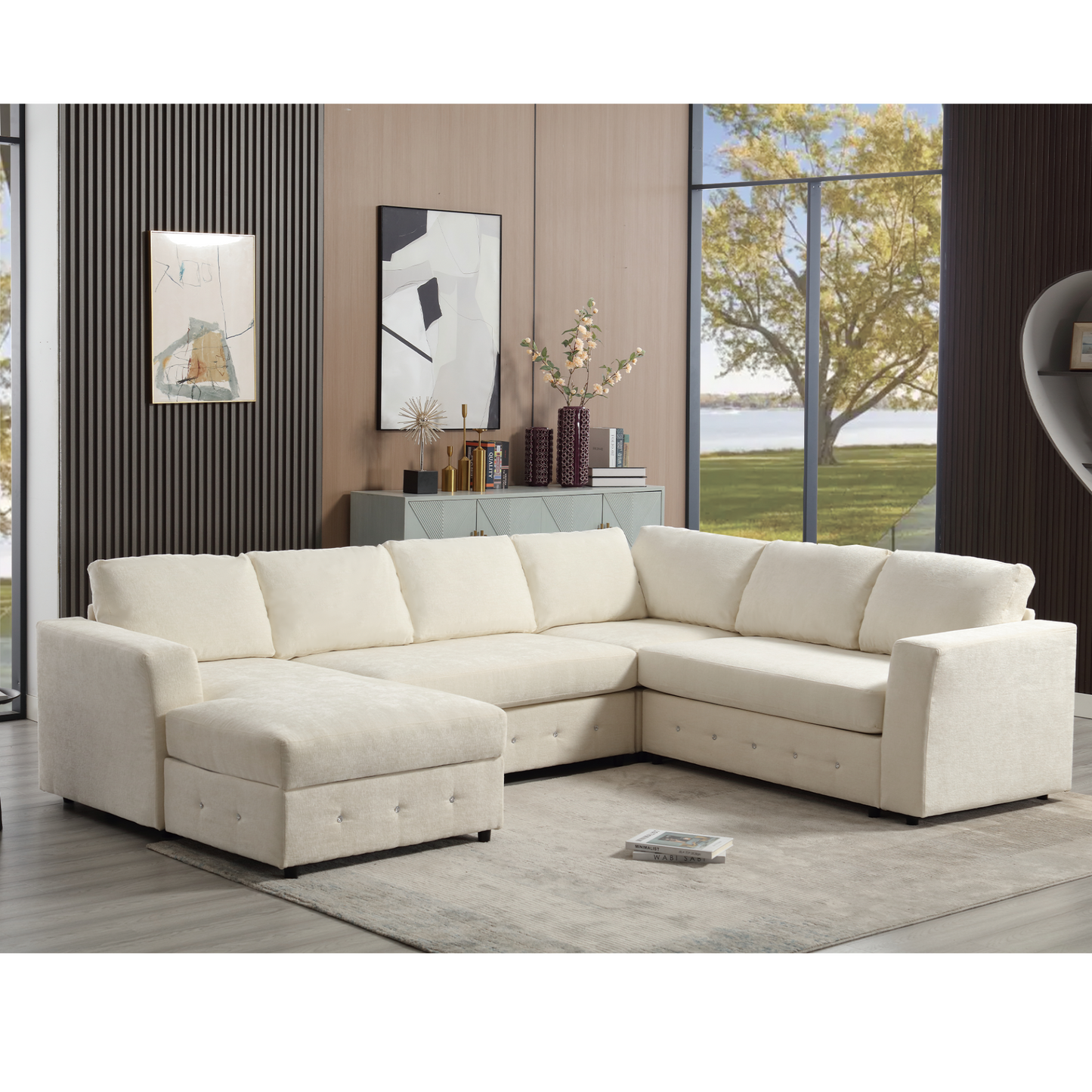 110.75" Sectional Sofa,Oversized modular sofa,Chaise Storage, Modern U Shaped  Couch , Upholstered Sofas,Chenille,Crystal button , Living Room, Apartment,  Beige