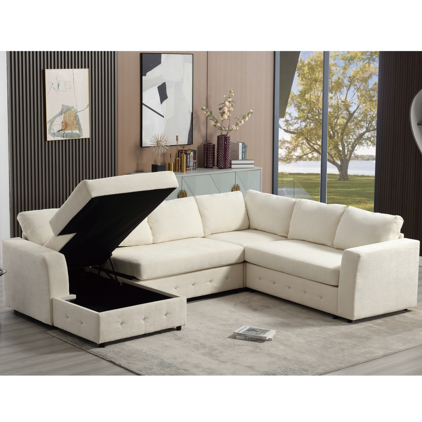 110.75" Sectional Sofa,Oversized modular sofa,Chaise Storage, Modern U Shaped  Couch , Upholstered Sofas,Chenille,Crystal button , Living Room, Apartment,  Beige