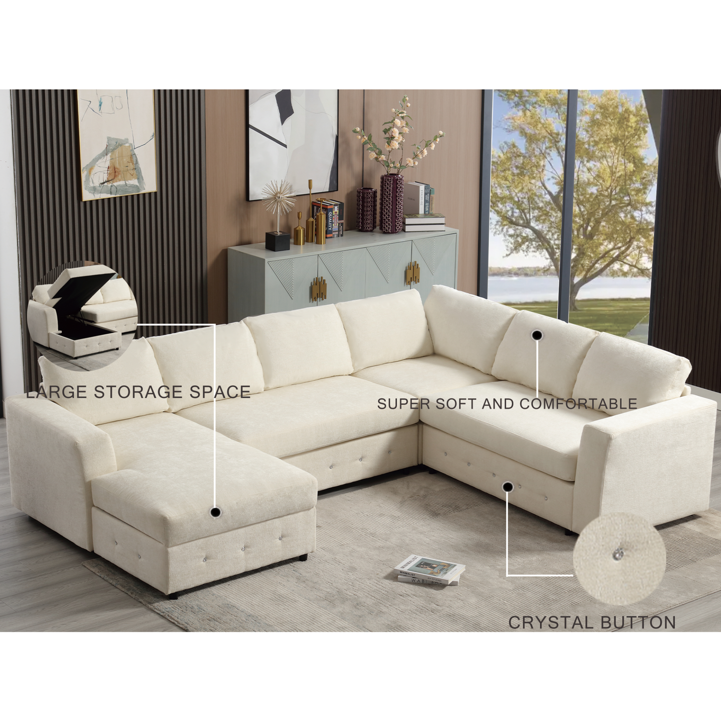 110.75" Sectional Sofa,Oversized modular sofa,Chaise Storage, Modern U Shaped  Couch , Upholstered Sofas,Chenille,Crystal button , Living Room, Apartment,  Beige