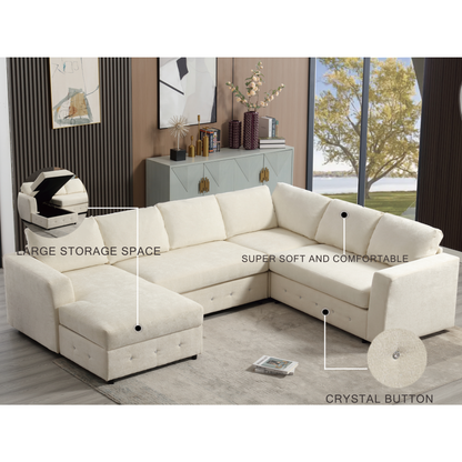 110.75" Sectional Sofa,Oversized modular sofa,Chaise Storage, Modern U Shaped  Couch , Upholstered Sofas,Chenille,Crystal button , Living Room, Apartment,  Beige