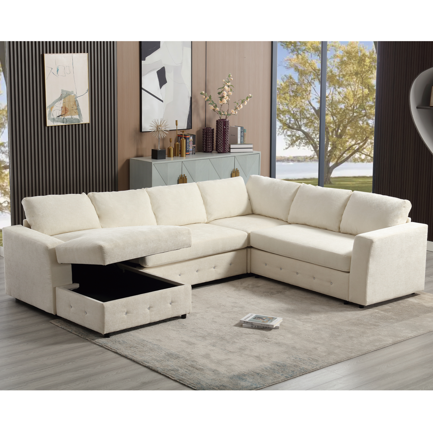 110.75" Sectional Sofa,Oversized modular sofa,Chaise Storage, Modern U Shaped  Couch , Upholstered Sofas,Chenille,Crystal button , Living Room, Apartment,  Beige