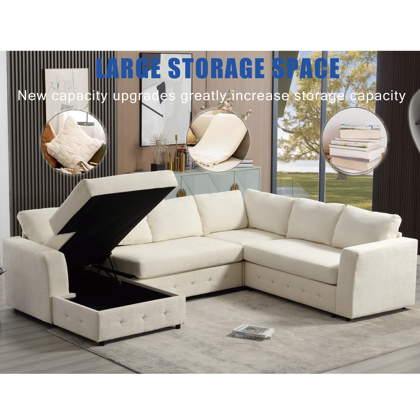110.75" Sectional Sofa,Oversized modular sofa,Chaise Storage, Modern U Shaped  Couch , Upholstered Sofas,Chenille,Crystal button , Living Room, Apartment,  Beige