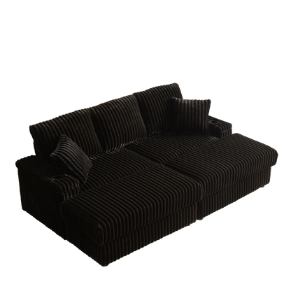 84Inch Corduroy 3-seater sofa With 3 back pillows ,2 toss pillows , a ottoman ,2storage spaces and cup-holding grooves Comfy Sofa- Deep Seat Couch for Living Room