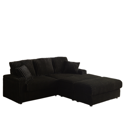 84Inch Corduroy 3-seater sofa With 3 back pillows ,2 toss pillows , a ottoman ,2storage spaces and cup-holding grooves Comfy Sofa- Deep Seat Couch for Living Room