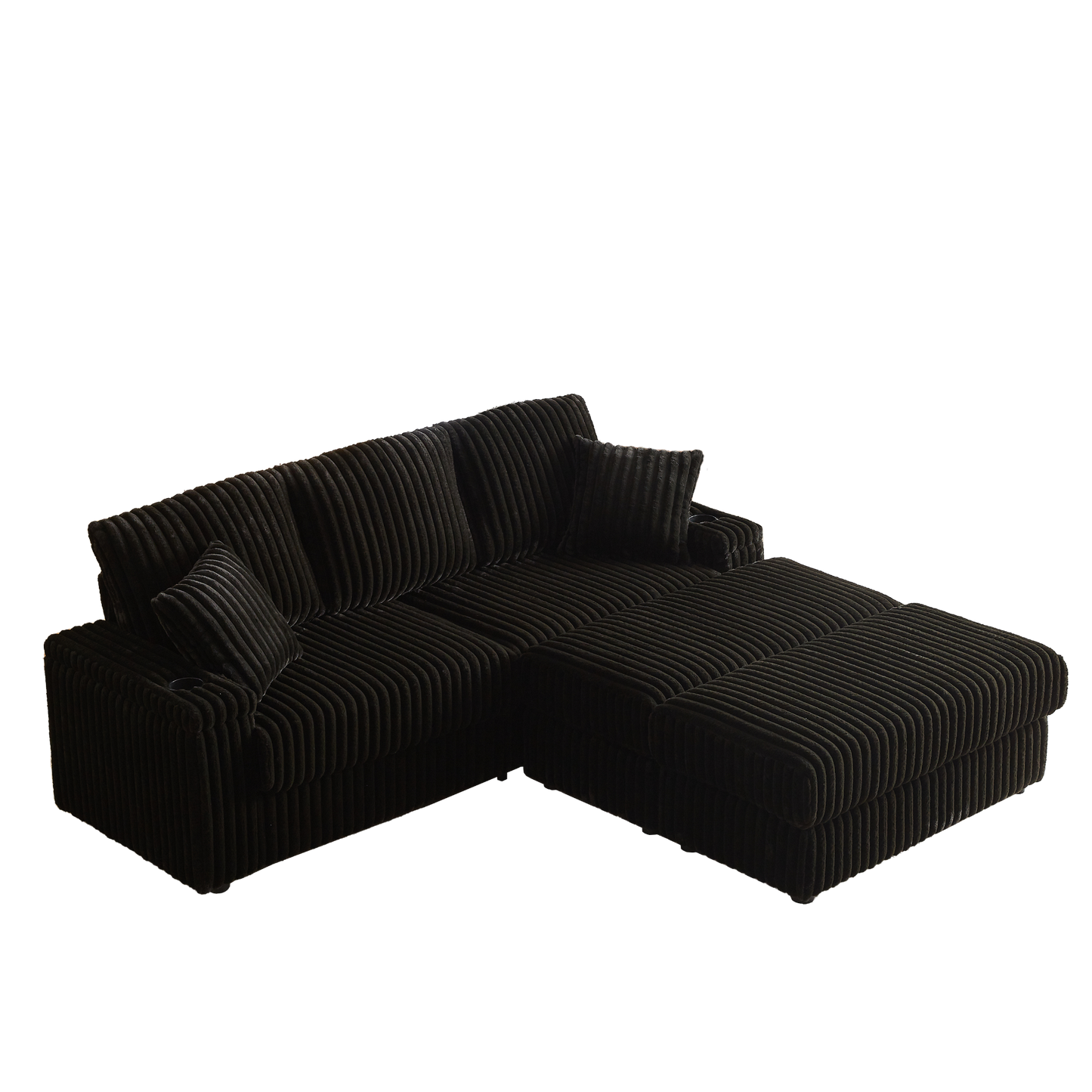 84Inch Corduroy 3-seater sofa With 3 back pillows ,2 toss pillows , a ottoman ,2storage spaces and cup-holding grooves Comfy Sofa- Deep Seat Couch for Living Room