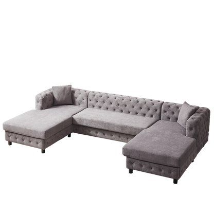 126-inch Modern Style Chenille Three Piece Sofa, Pull Point Design U-shaped Sofa two Chaise Longue Seats, two Pillows and Plastic Feet, Suitable for Living room, Bedroom, Lounge and Projection Room