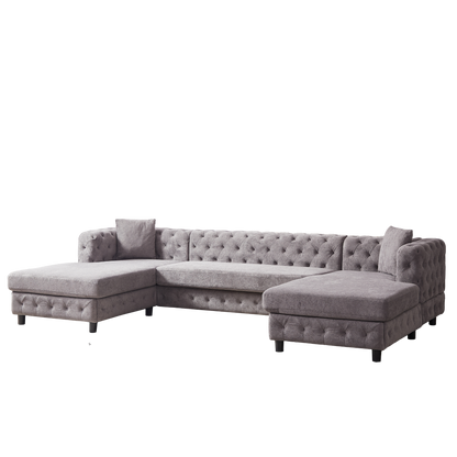 126-inch Modern Style Chenille Three Piece Sofa, Pull Point Design U-shaped Sofa two Chaise Longue Seats, two Pillows and Plastic Feet, Suitable for Living room, Bedroom, Lounge and Projection Room