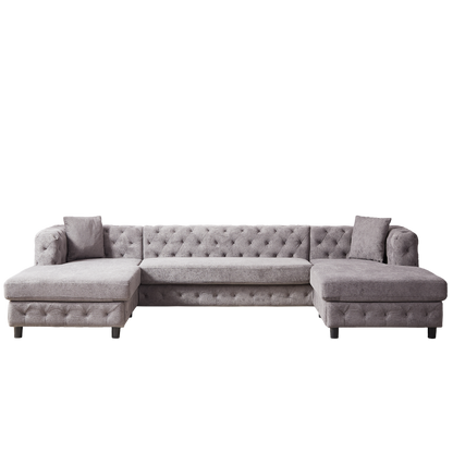 126-inch Modern Style Chenille Three Piece Sofa, Pull Point Design U-shaped Sofa two Chaise Longue Seats, two Pillows and Plastic Feet, Suitable for Living room, Bedroom, Lounge and Projection Room