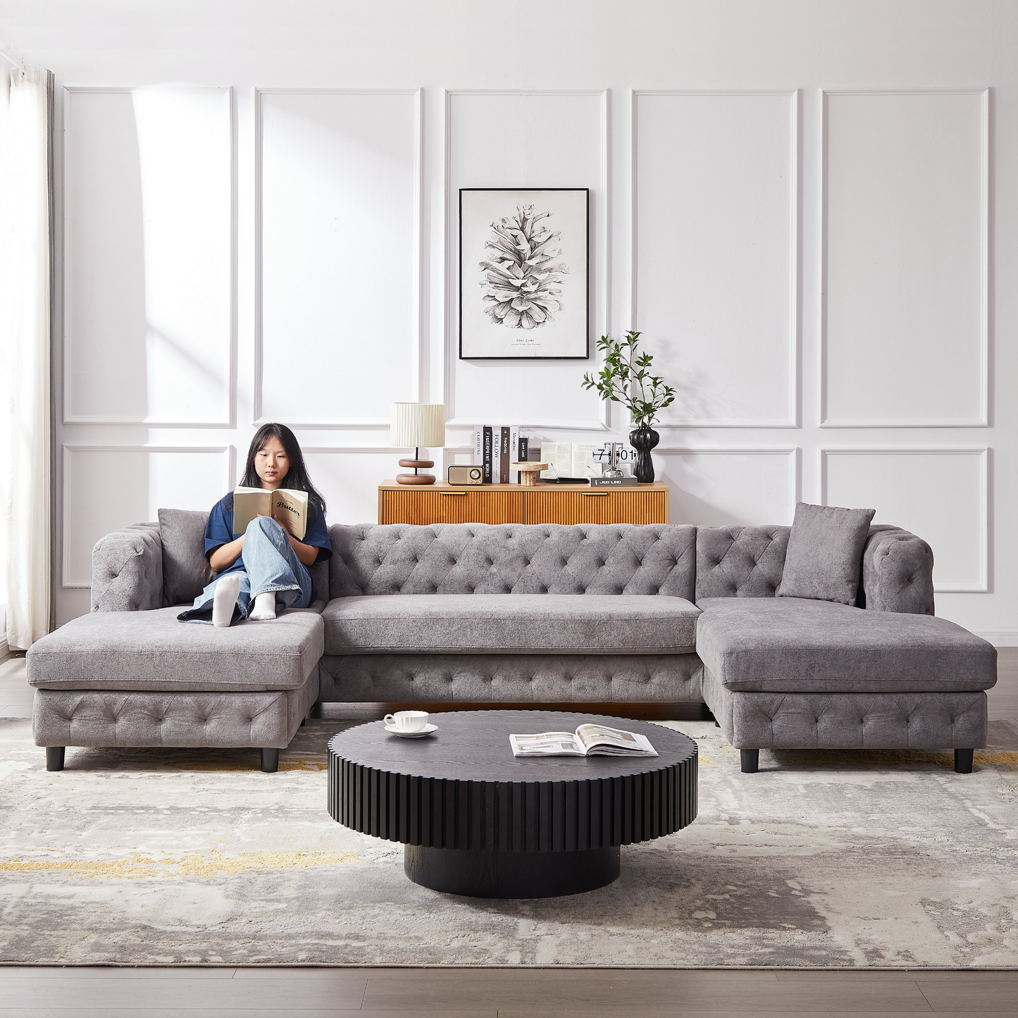 126-inch Modern Style Chenille Three Piece Sofa, Pull Point Design U-shaped Sofa two Chaise Longue Seats, two Pillows and Plastic Feet, Suitable for Living room, Bedroom, Lounge and Projection Room
